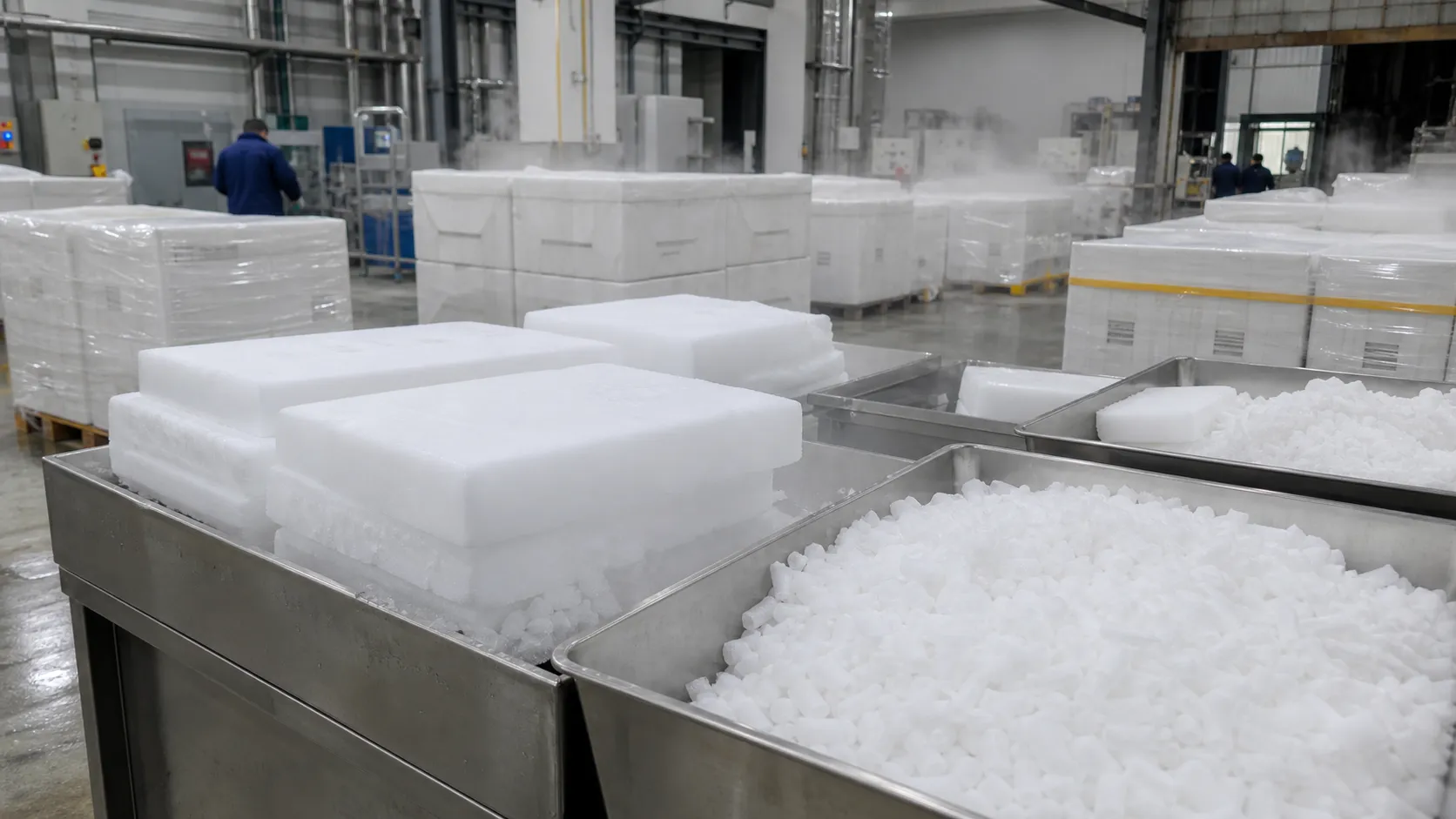 Bulk dry ice blocks and pellets with insulated containers in a Chinese dispatch area