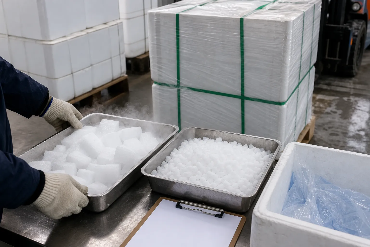 Bulk dry ice samples, insulated packaging and pallet preparation under quality review