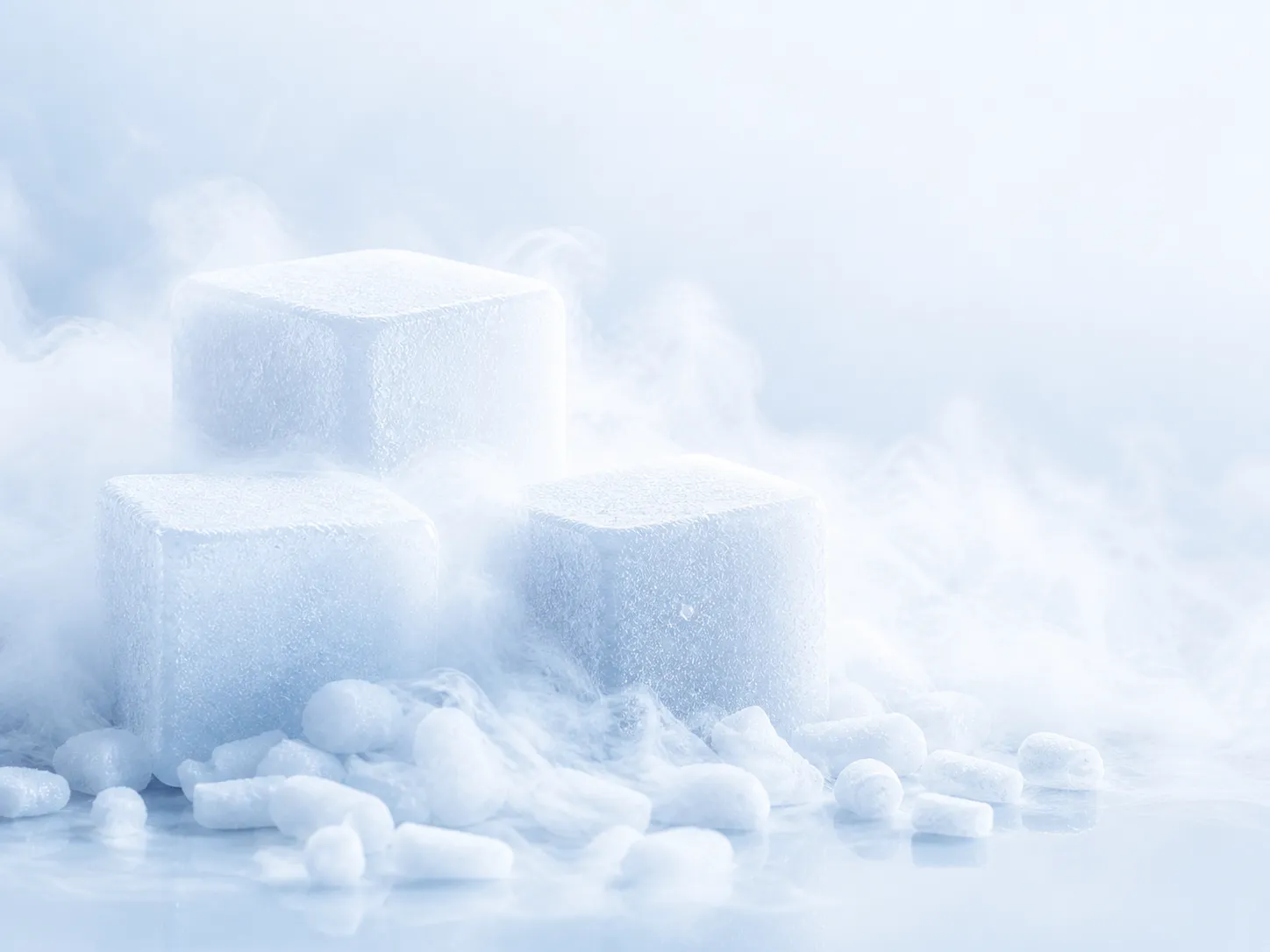 Illustrative dry ice blocks and pellets in a pale blue studio setting