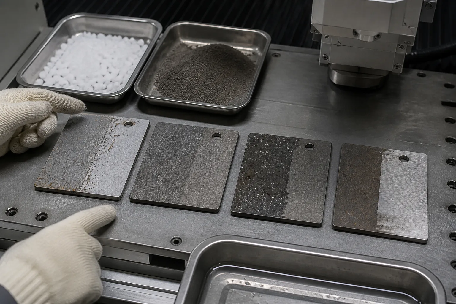 Test coupons comparing dry ice, abrasive, water and laser cleaning results