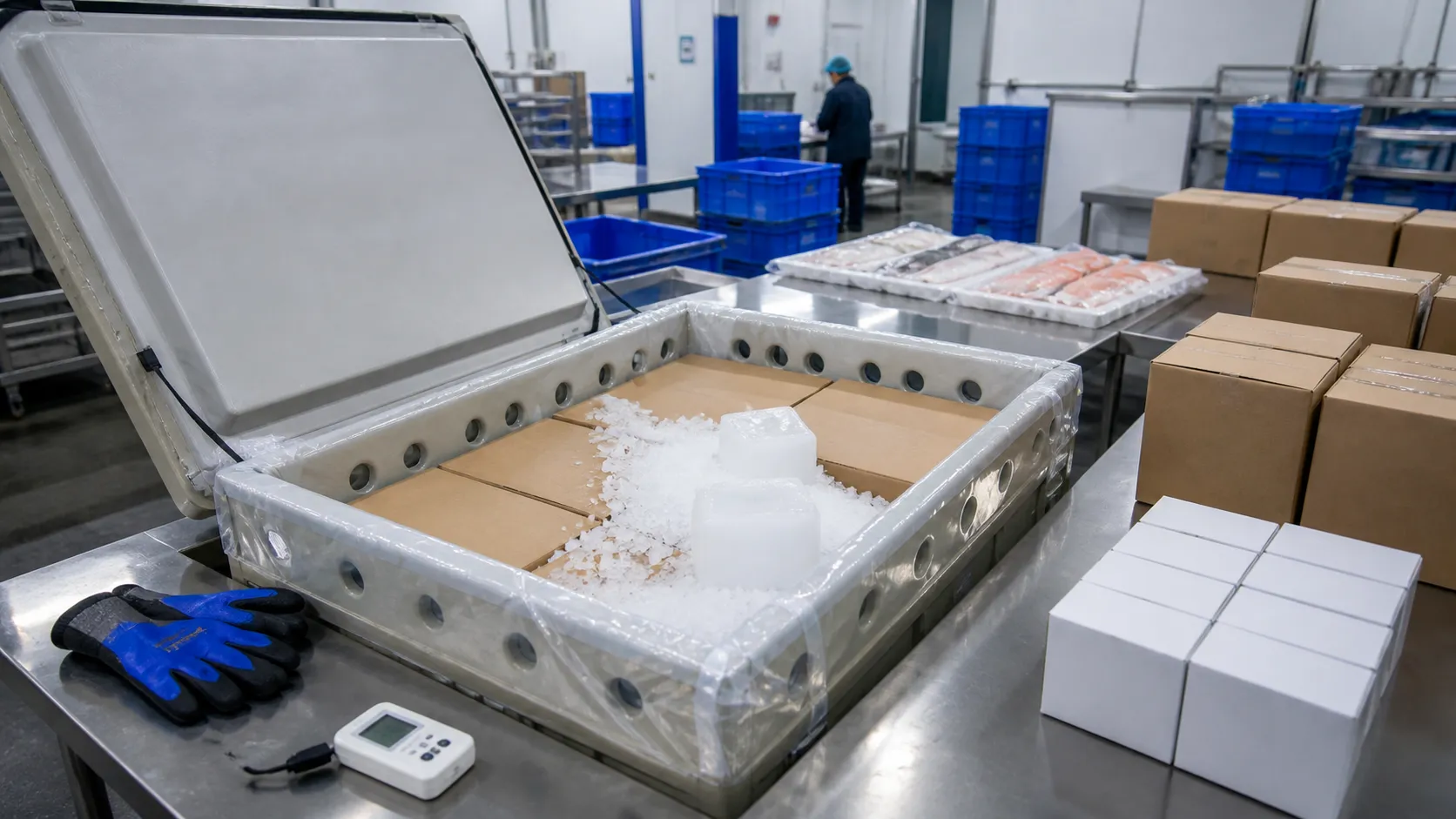 Insulated cold-chain shipper packed with dry ice for food and life-science cargo