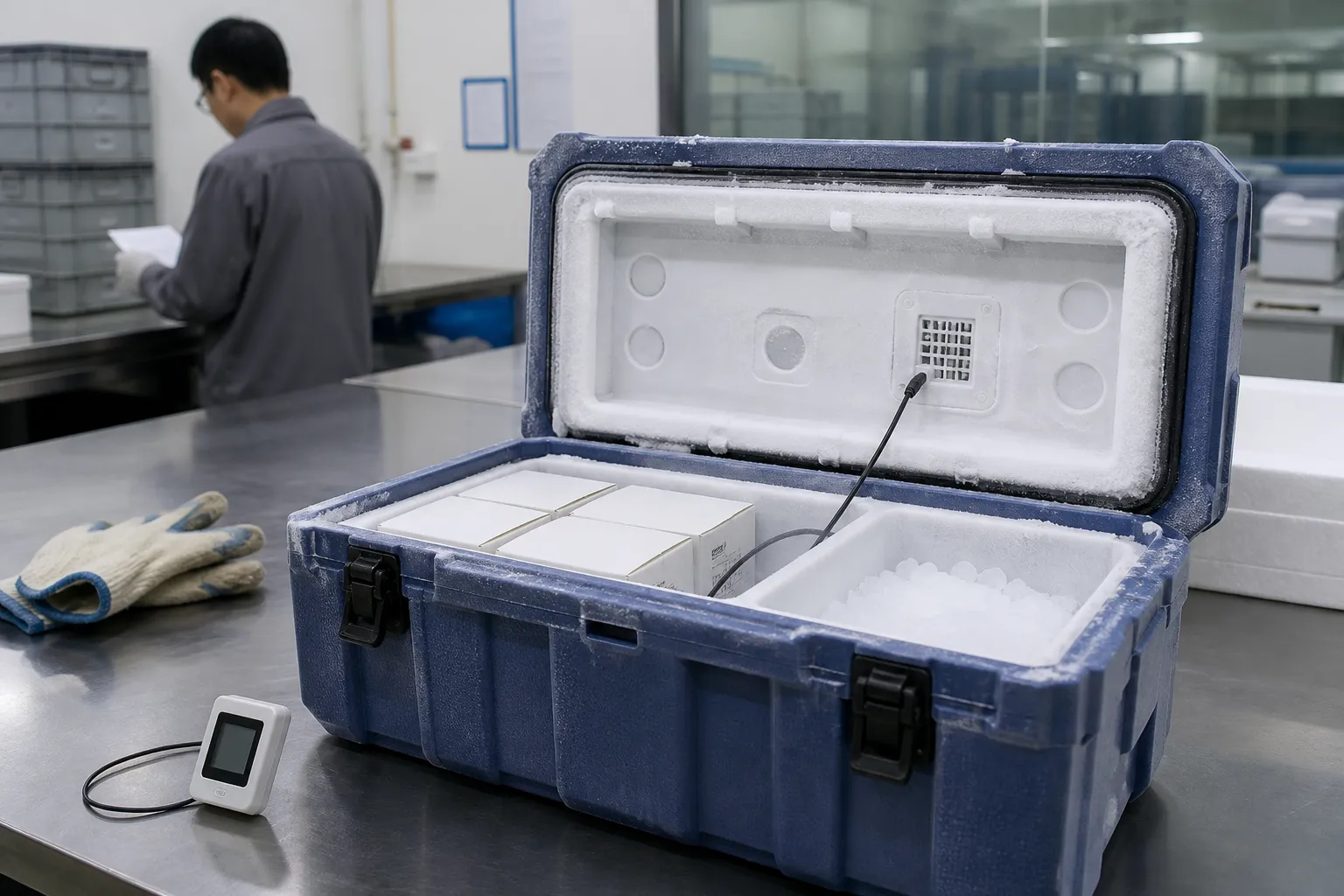 Dry ice being placed in an insulated cold-chain shipping package