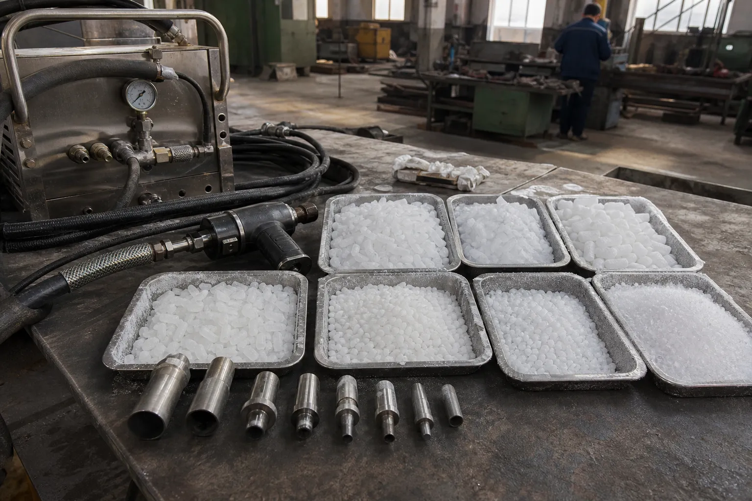 Dry ice pellet selection at industrial equipment with product in the foreground
