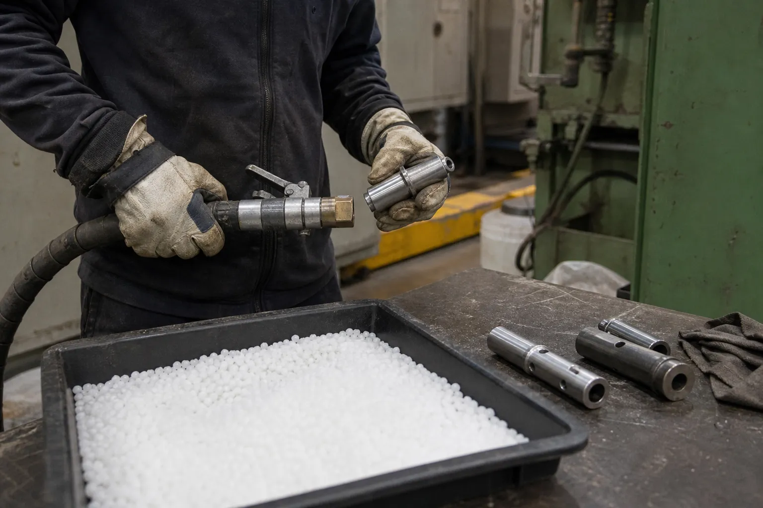Dry ice pellets inspected before feeding a blasting machine