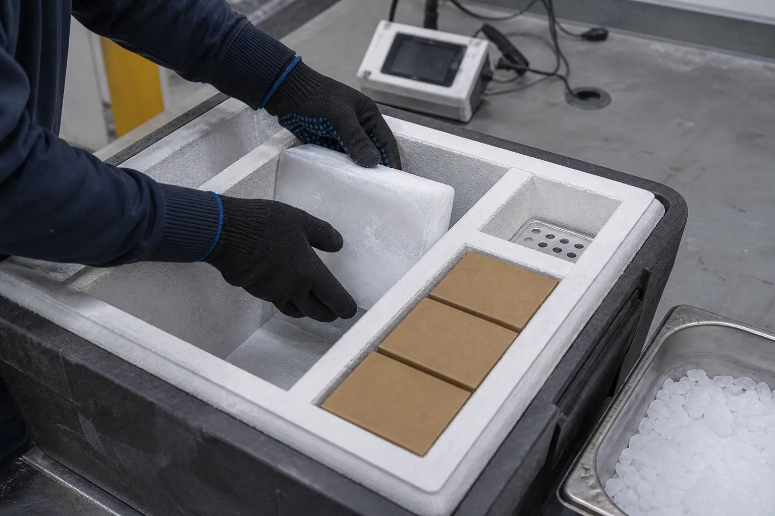 Dry ice pellets and blocks being arranged in insulated packaging