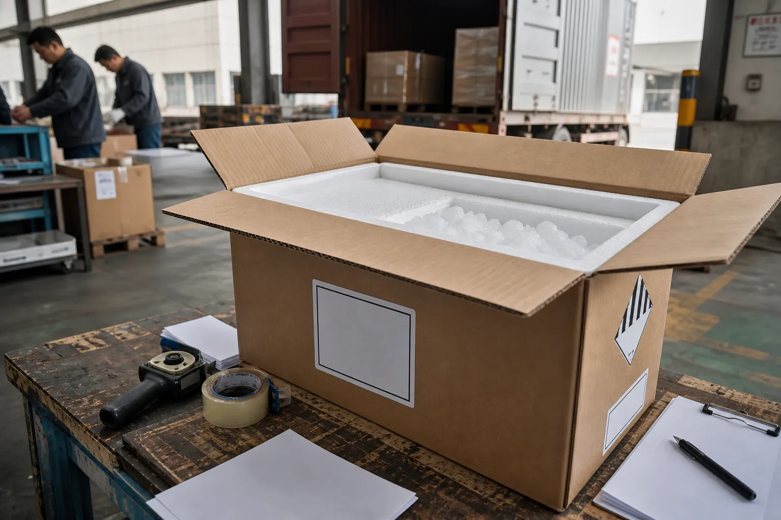 Vented dry ice shipping package in an air-cargo preparation area