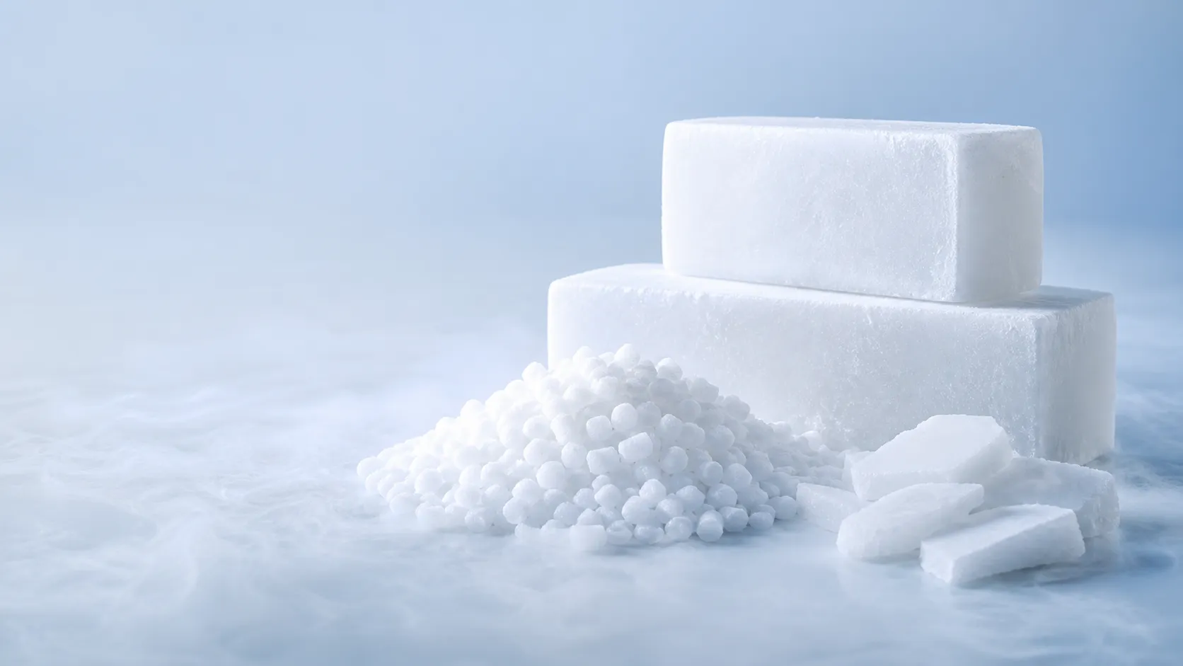 Dry ice pellets and blocks on an ice-blue studio surface