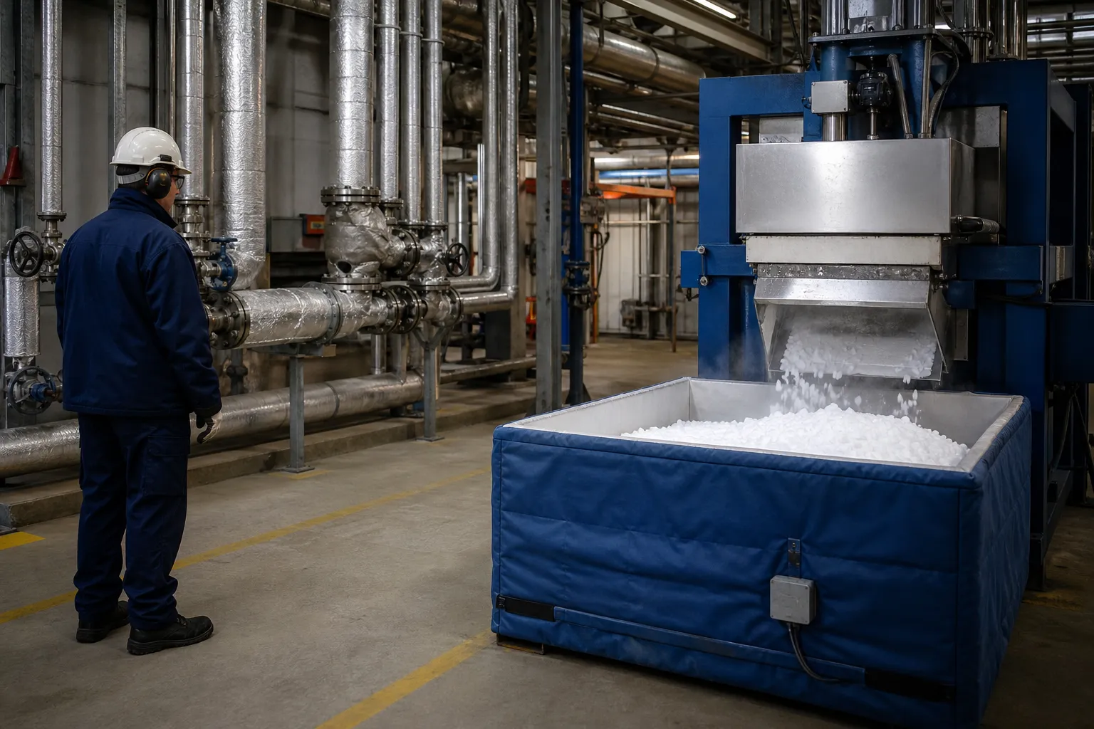 Dry ice production line converting carbon dioxide into solid product