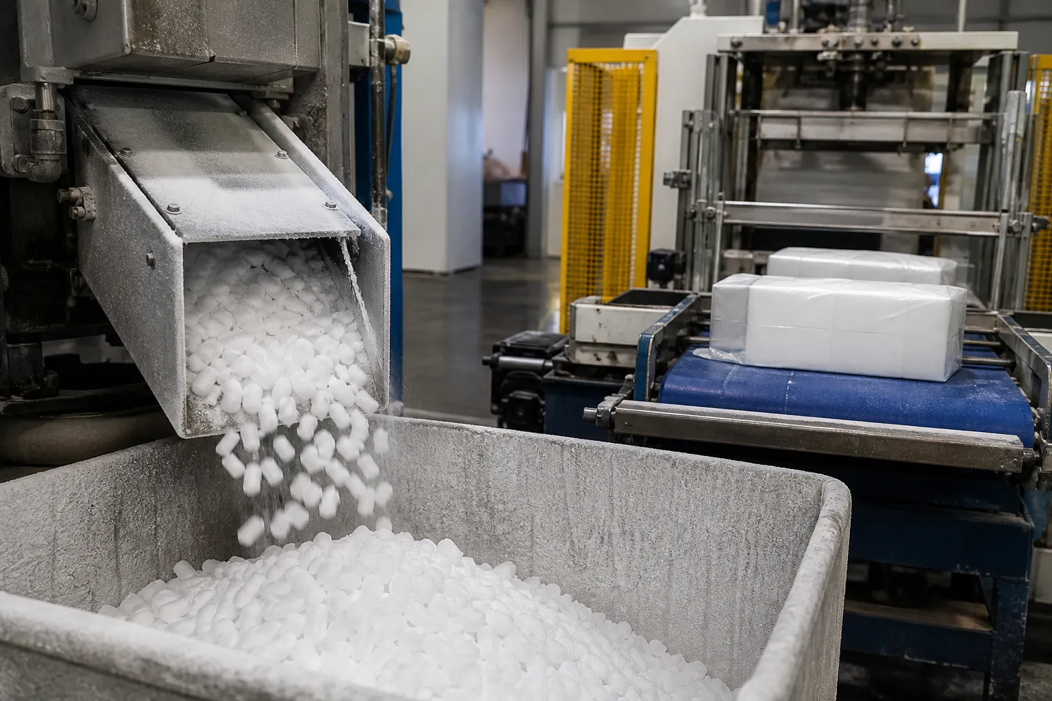Dry ice blocks and pellets at a clean forming and inspection station