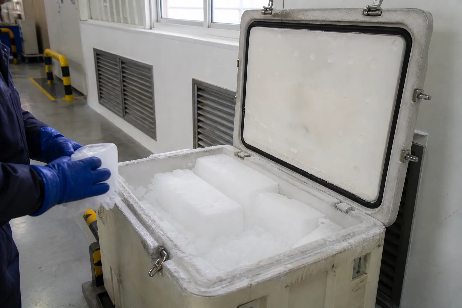 Insulated dry ice storage container being handled in a ventilated industrial area