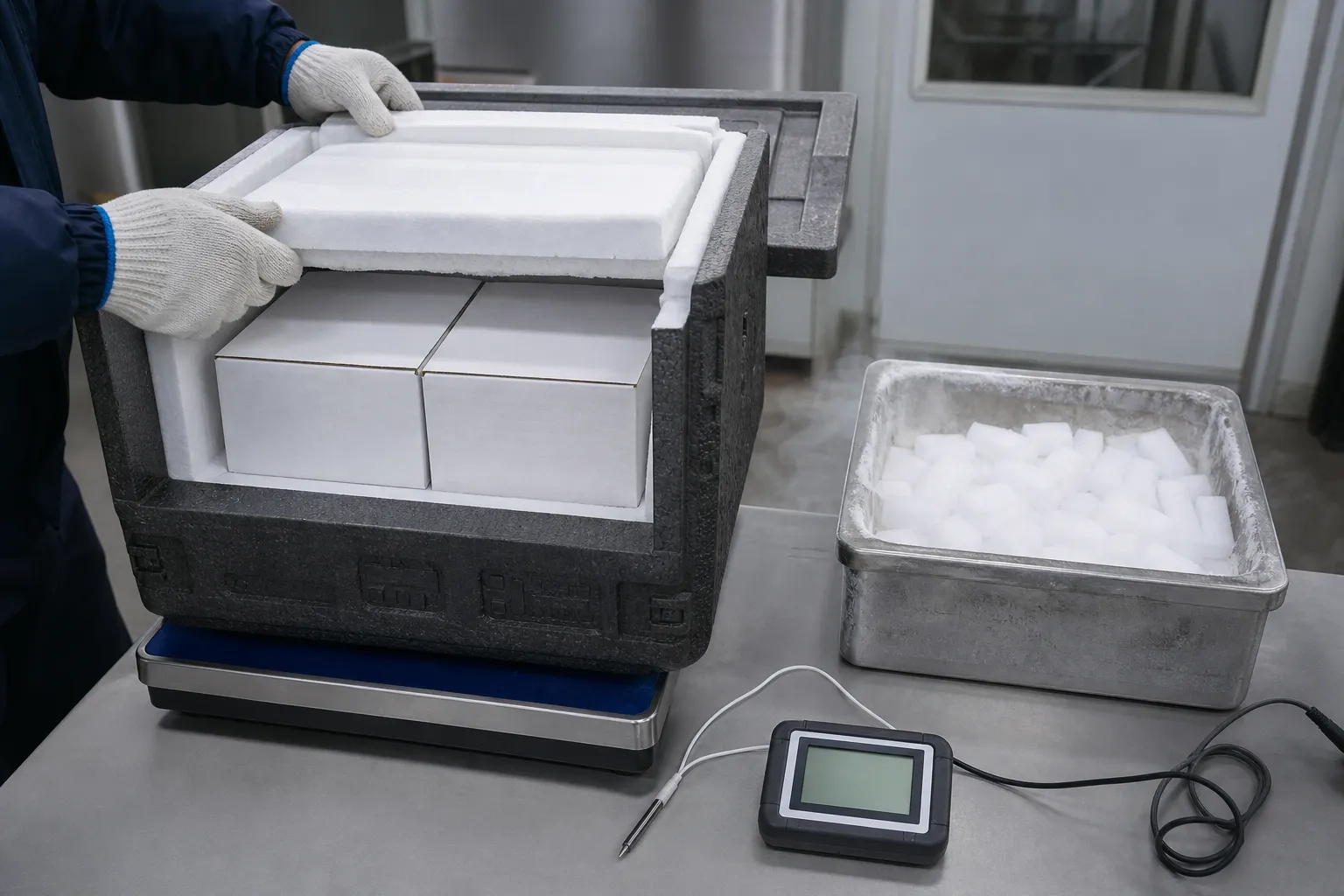 Hands recording dry ice mass during a representative shipping pack-out