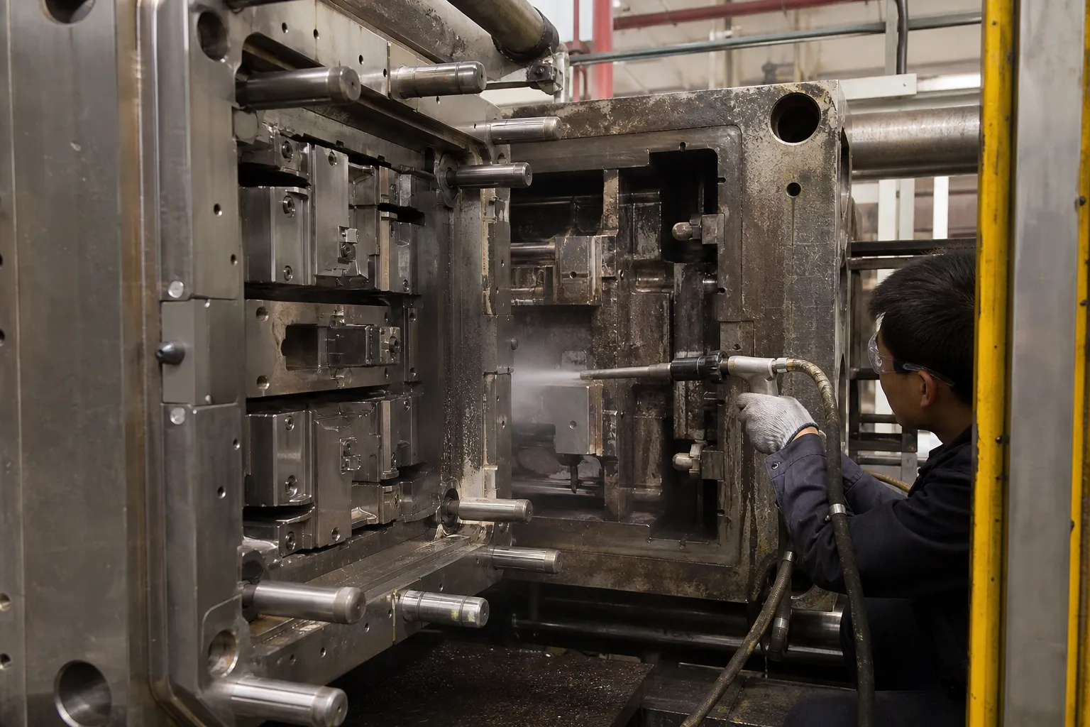 Industrial mold being cleaned by dry ice blasting in a production area