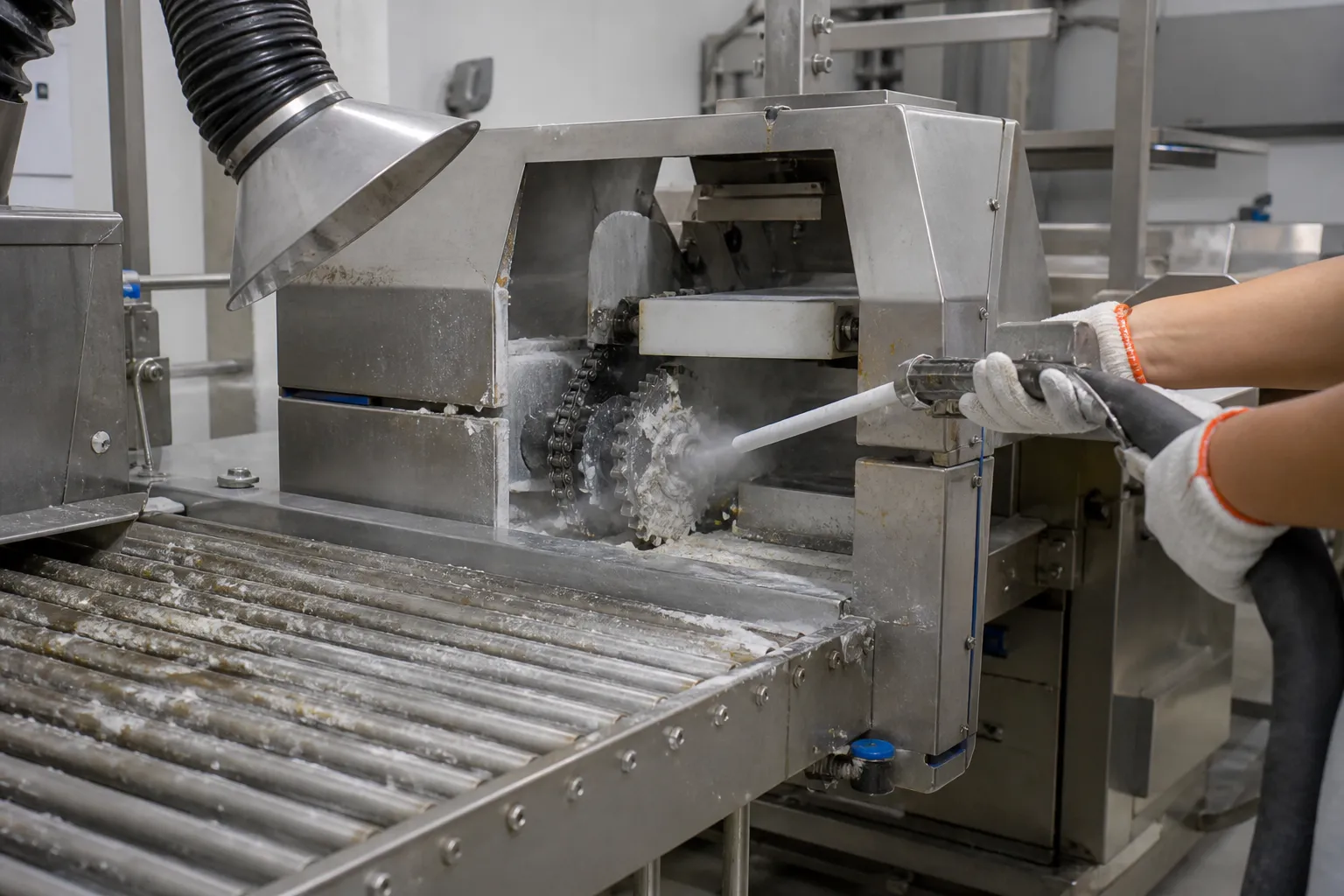 Dry ice cleaning applied to a food production conveyor with product surfaces in focus
