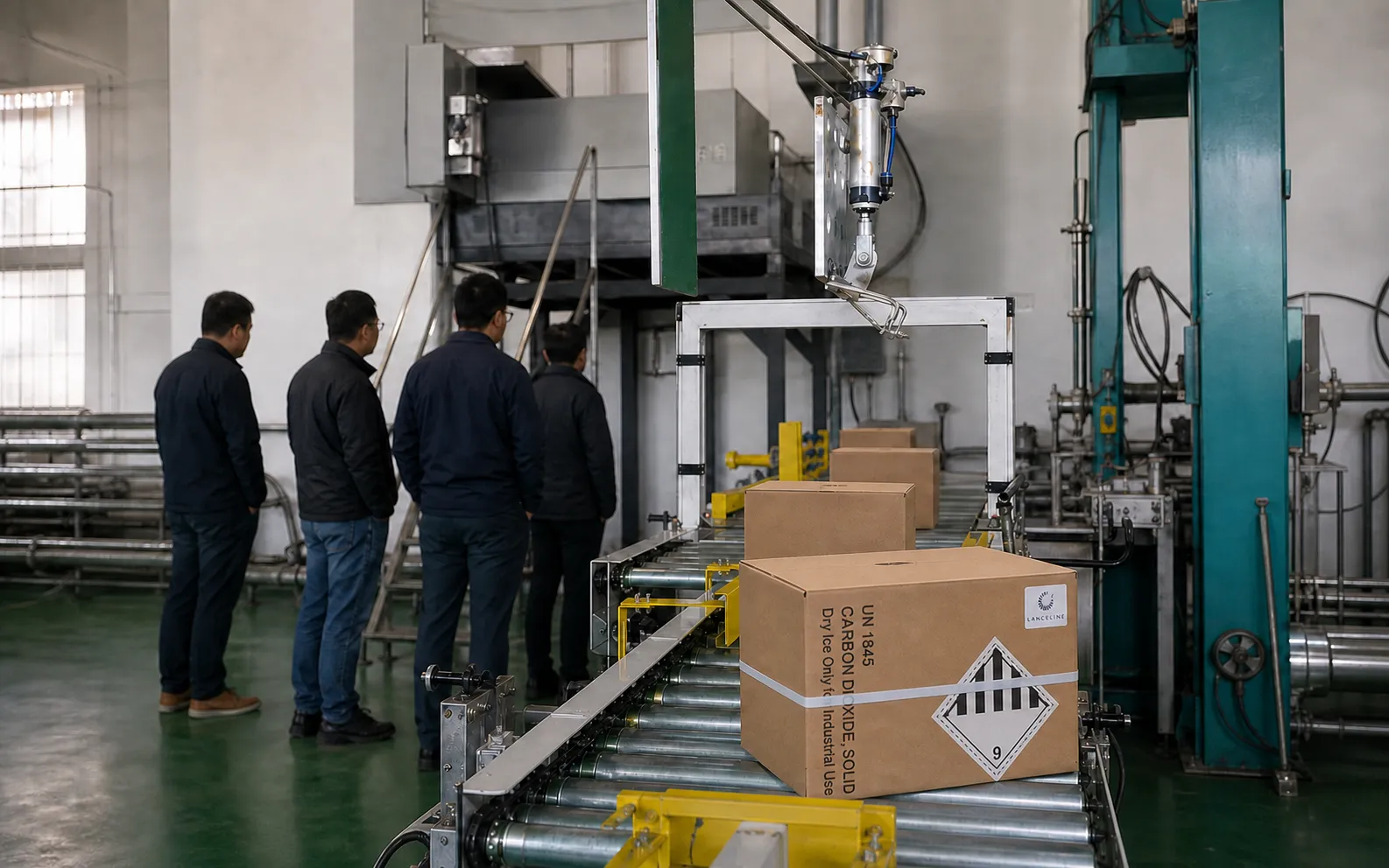 Editorial visual of visitors observing an unbranded dry ice packaging conveyor in a factory