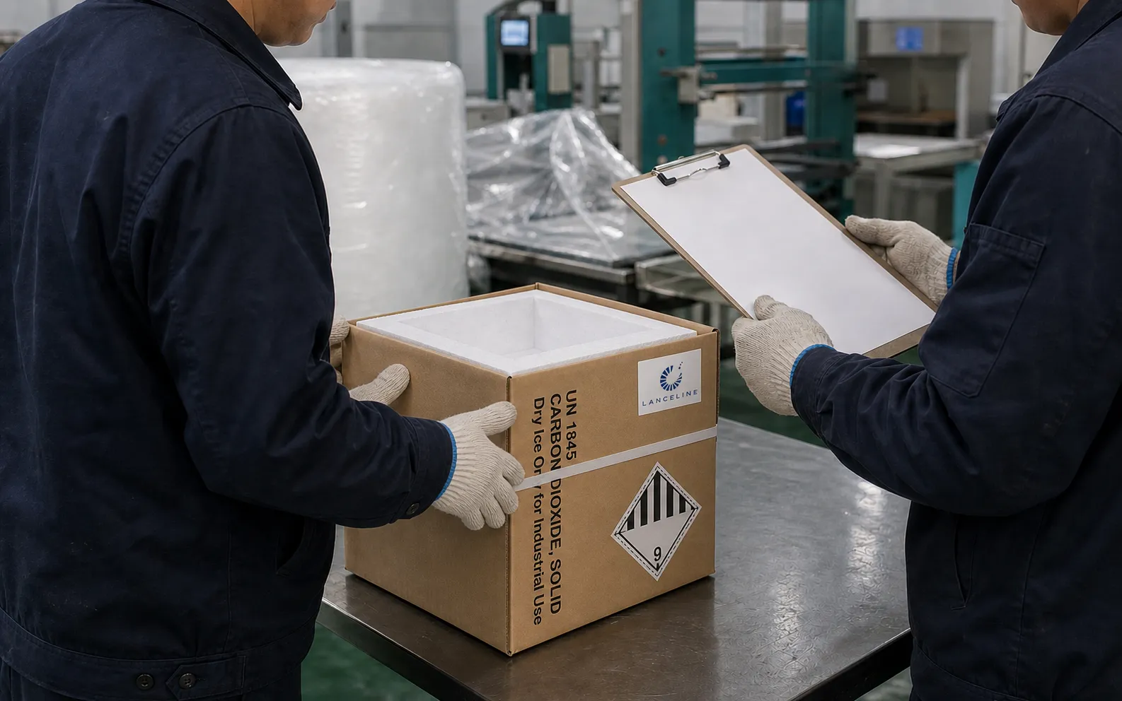 Editorial visual of staff reviewing unbranded insulated packaging at a factory workbench