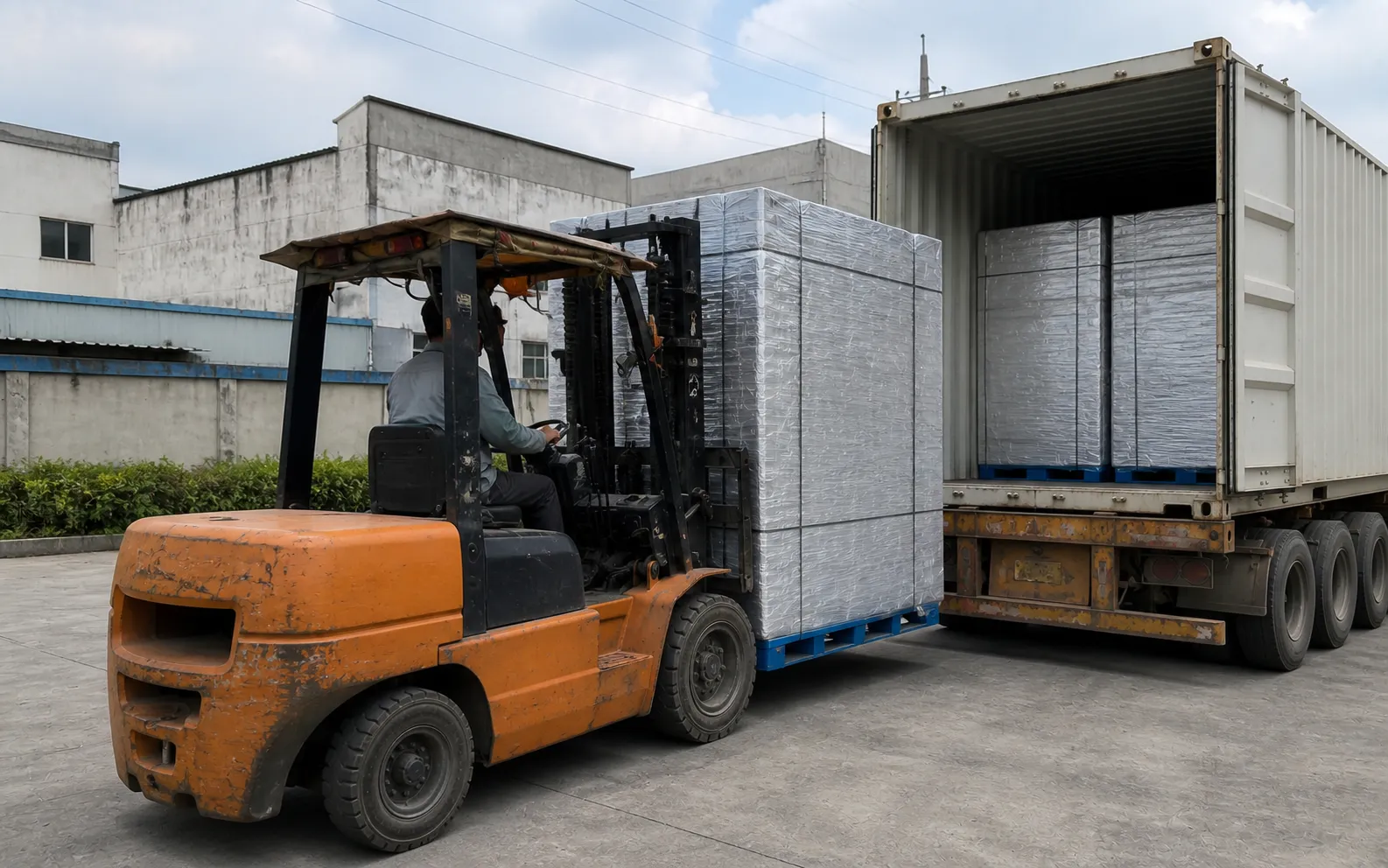 Editorial visual of an unbranded forklift preparing insulated pallet cargo beside a freight container