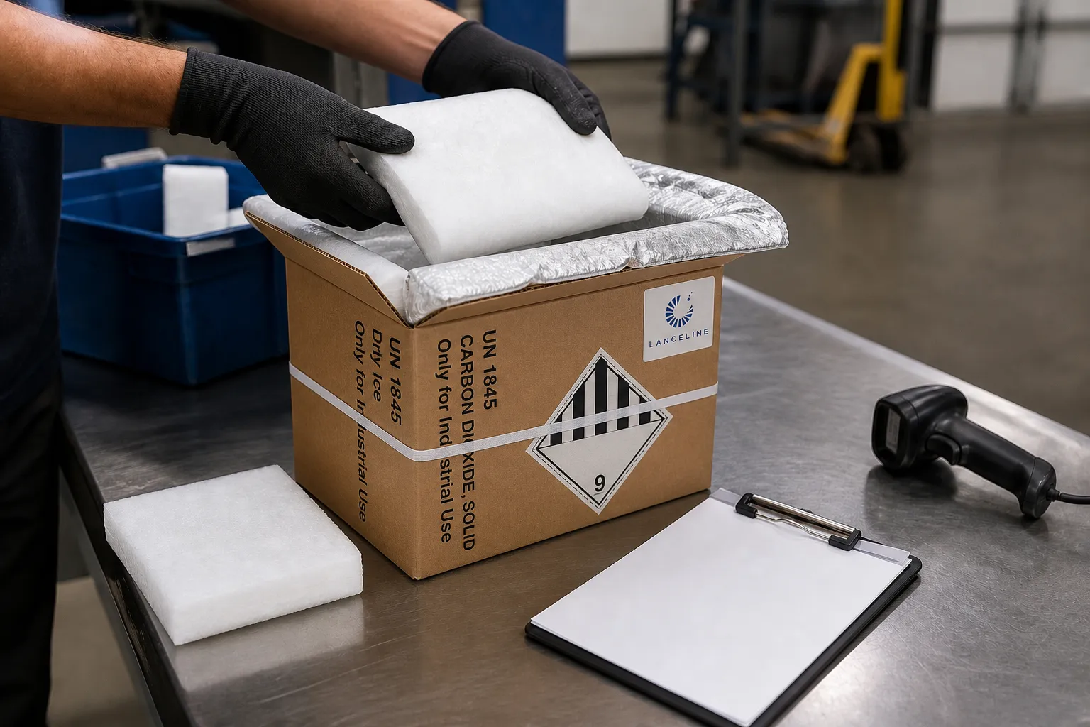 Editorial visual of unbranded insulated packing materials being checked at a warehouse workbench