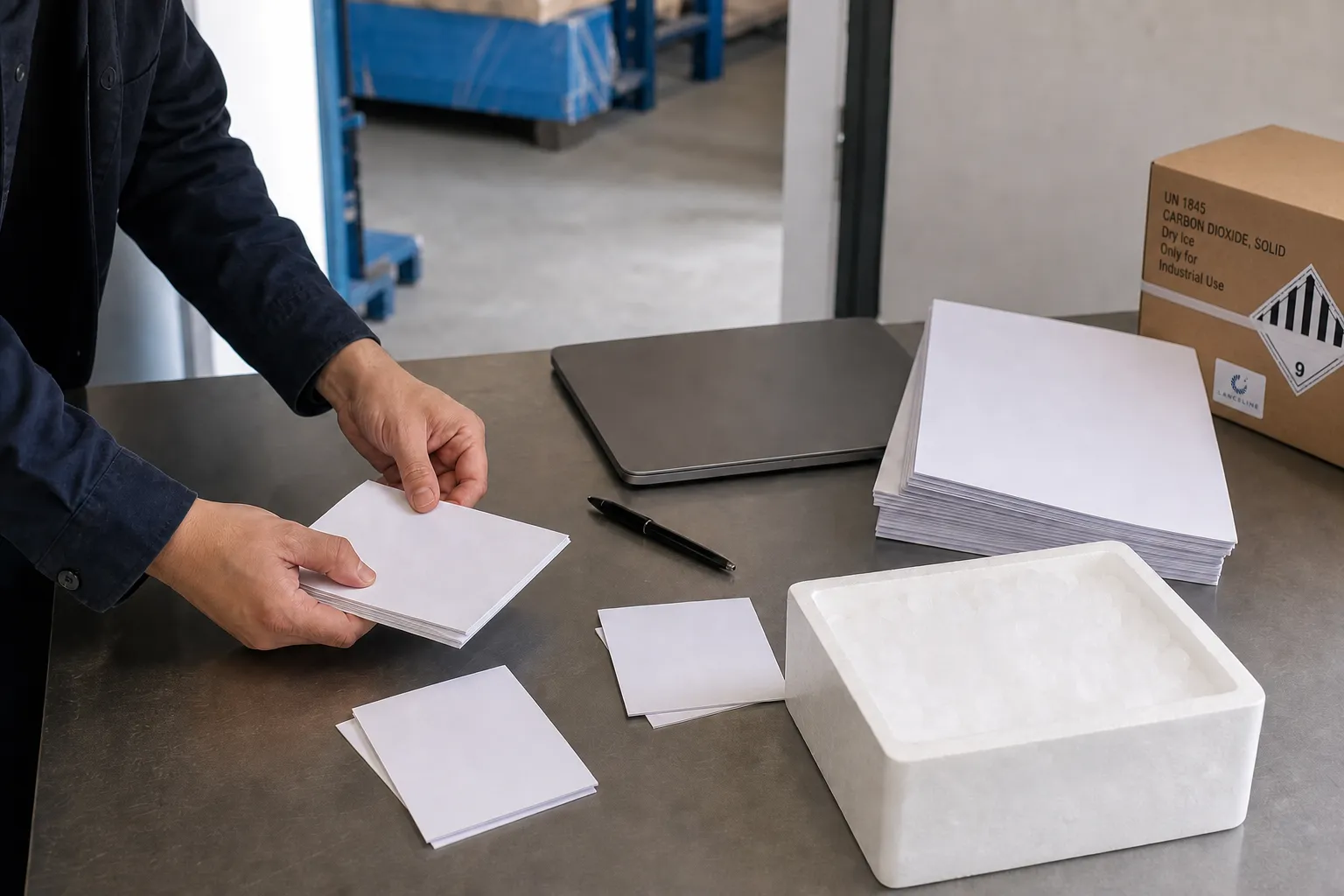 Editorial visual of hands organizing blank follow-up notes beside an unbranded dry ice container