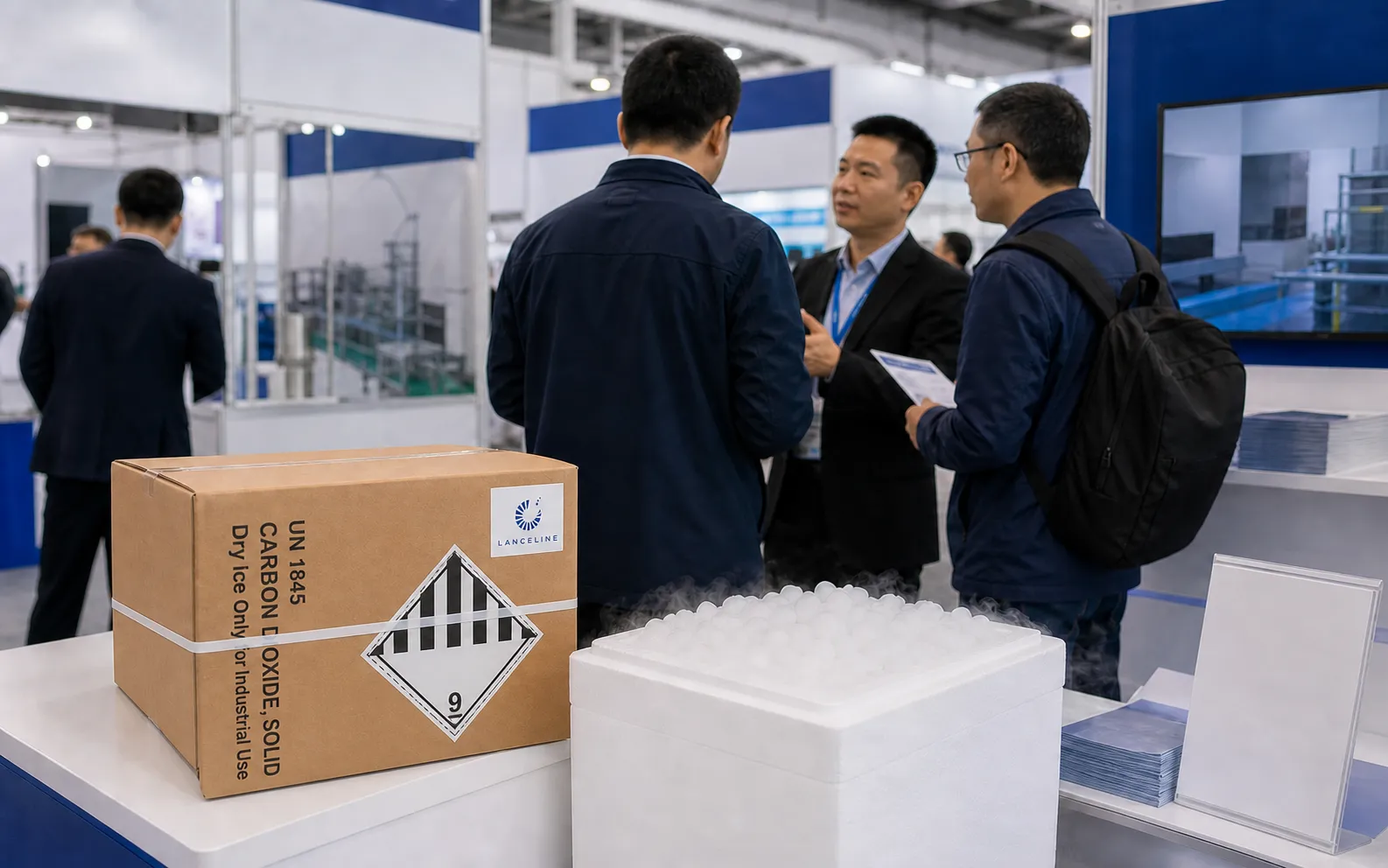 Editorial visual of a generic industry exhibition conversation beside an unbranded dry ice display
