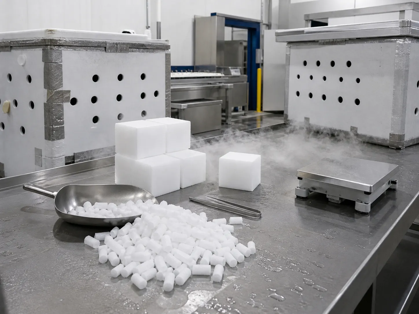 Unoccupied stainless inspection bench with dry ice, neutral instruments, and vented insulated packaging
