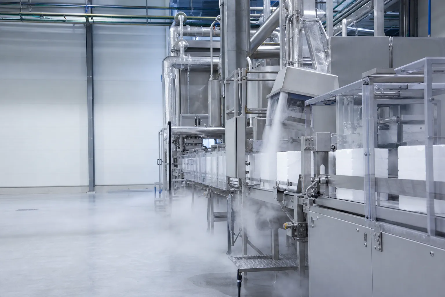 Unoccupied dry ice production and packaging equipment in a clean industrial facility