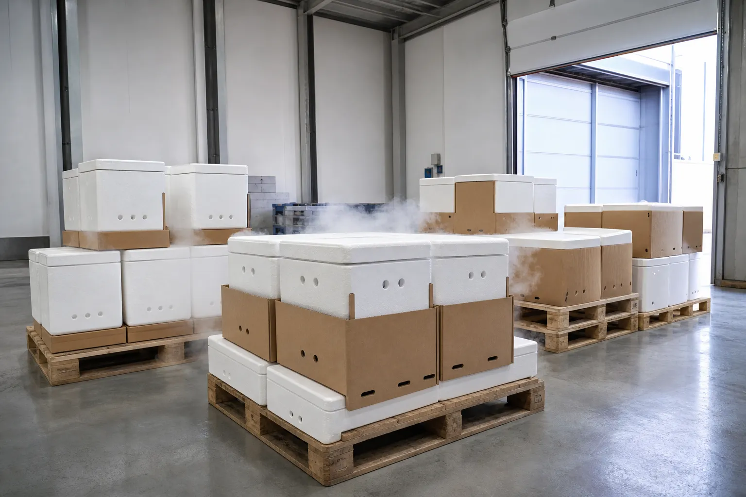 Unoccupied industrial dispatch area with vented insulated dry ice packaging prepared on pallets
