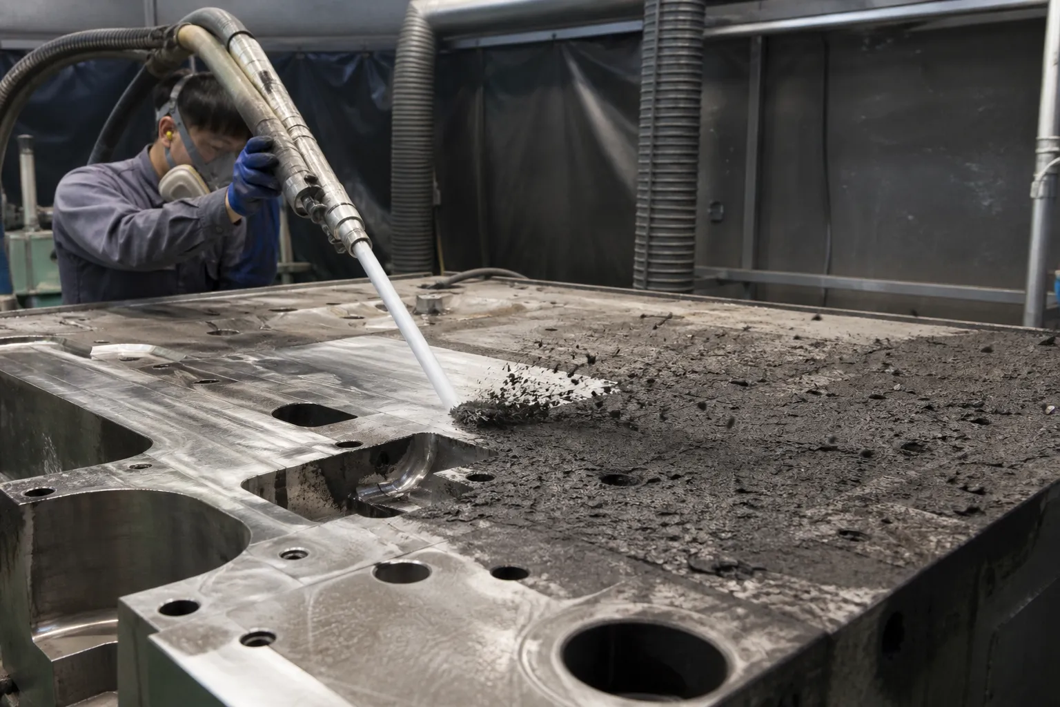 Dry ice blasting nozzle cleaning an industrial mold with equipment in focus