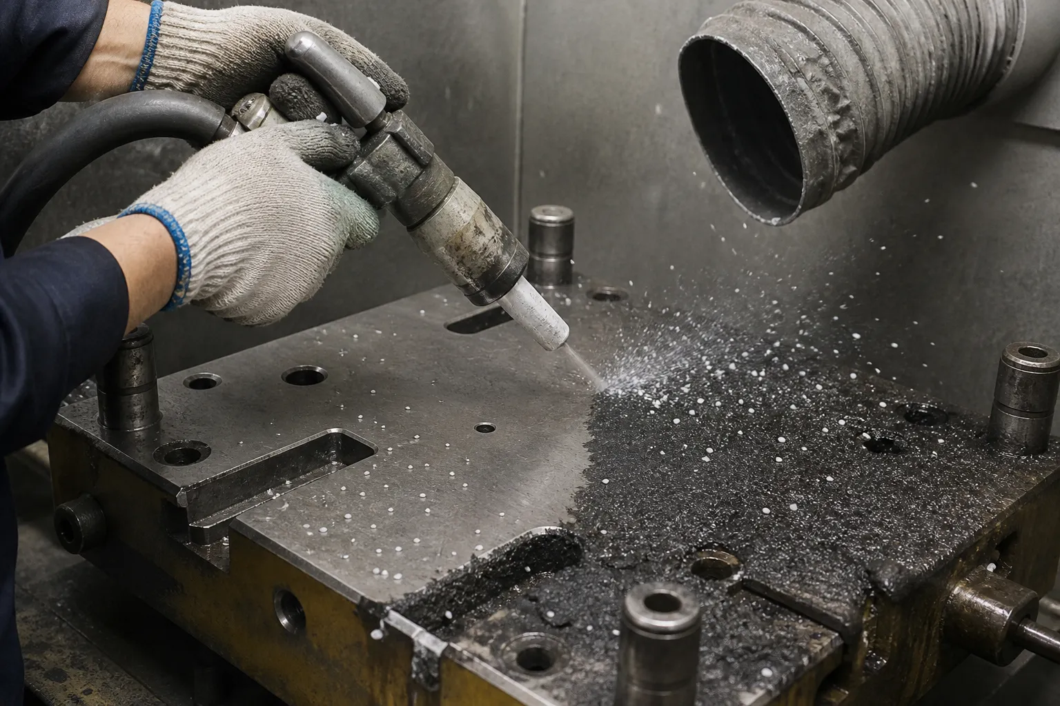 Close view of a dry ice blasting nozzle and gloved hands at an industrial surface